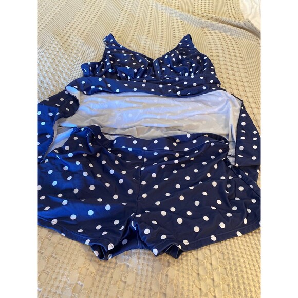 Swimsuit 2 Piece Plus 3X Modest Navy Polka Dot Rouching Separate Short Bottoms - Picture 6 of 12